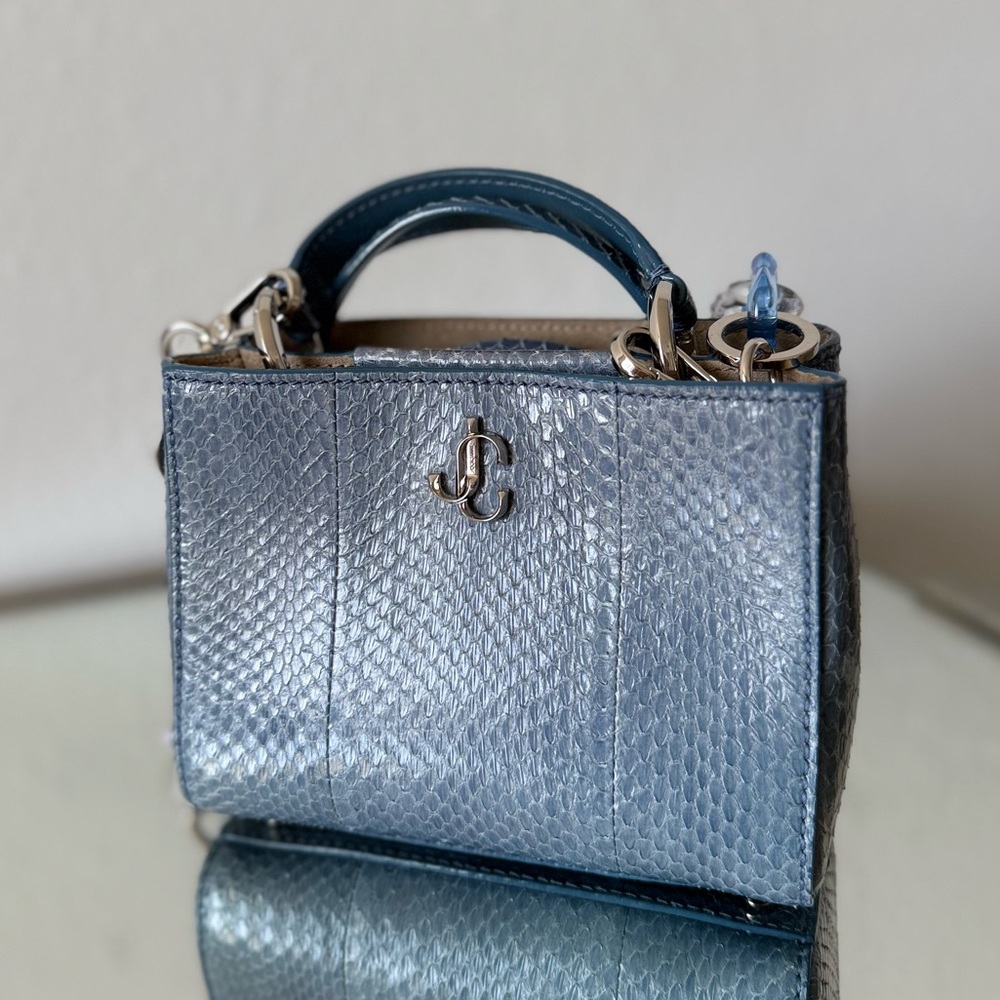JIMMY CHOO Varenne Top Handle Blue Glossy Elaphe Mini Handbag Plexi Chain - Picture 6 of 14